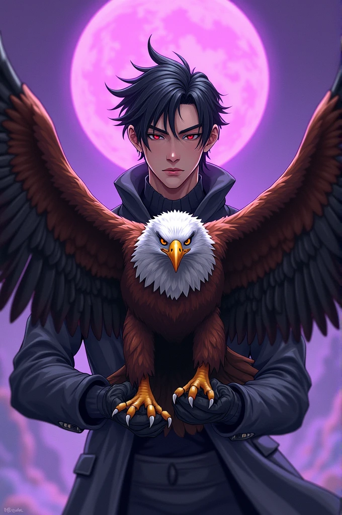 Digital manhwa 3d of heeseung with a (Flat face, thick eyebrows, and enticing lips), holding an eagle with an epic purple background