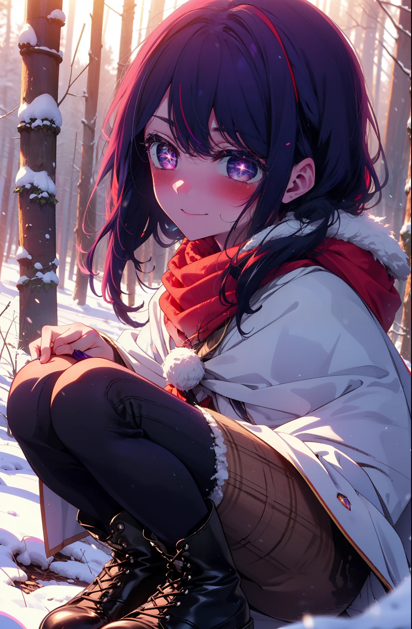 aihoshino, Ai Hoshino, Long Hair, bangs, (Purple eyes:1.1), Purple Hair, (Symbol-shaped pupil:1.5), smile,,smile,blush,white breath,
Open your mouth,snow,Ground bonfire, Outdoor, boots, snowing, From the side, wood, suitcase, Cape, Blurred, , forest, White handbag, nature, Squat, Mouth closed, Cape, winter, Written boundary depth, Black shoes, red Cape break looking at viewer, Upper Body, whole body, break Outdoor, forest, nature, break (masterpiece:1.2), Highest quality, High resolution, unity 8k wallpaper, (shape:0.8), (Beautiful and beautiful eyes:1.6), Highly detailed face, Perfect lighting, Extremely detailed CG, (Perfect hands, Perfect Anatomy),