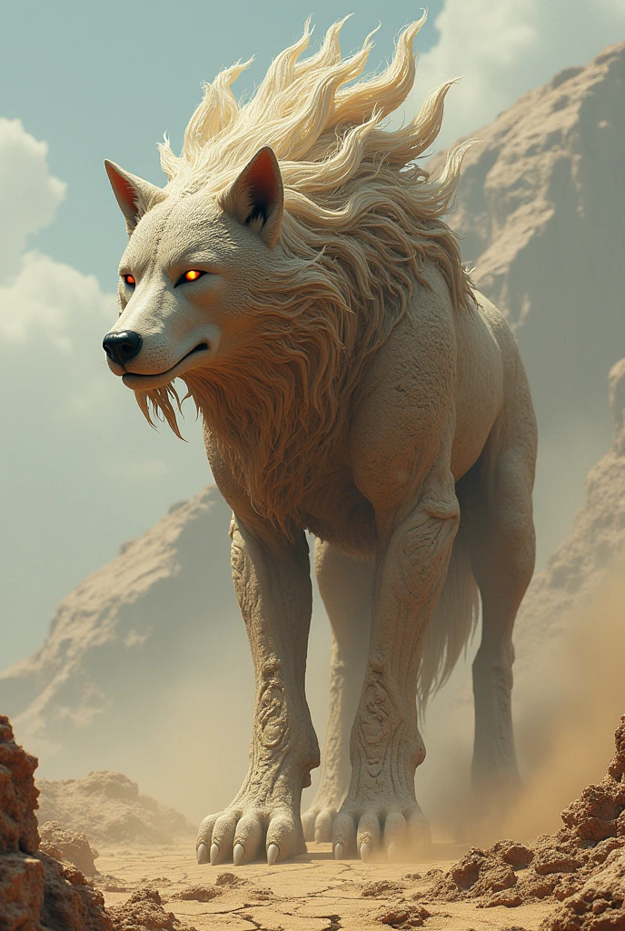 A wolf with a head and body made of stone and sand and earth element