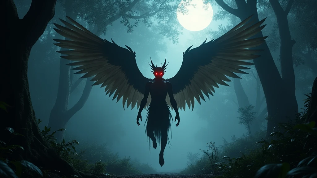 A strange Khmer red-eyed man with wings flying in the forest at night 8k