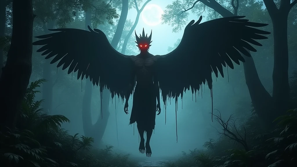 A strange Khmer red-eyed man with wings flying in the forest at night 8k