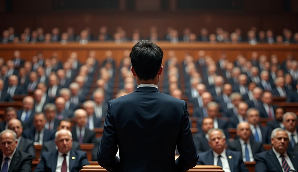 A young Asian man in a suit is speaking to politicians from various countries sitting in their seats in a huge lecture hall.,Politicians from all over the world are looking at men,No flags appear,