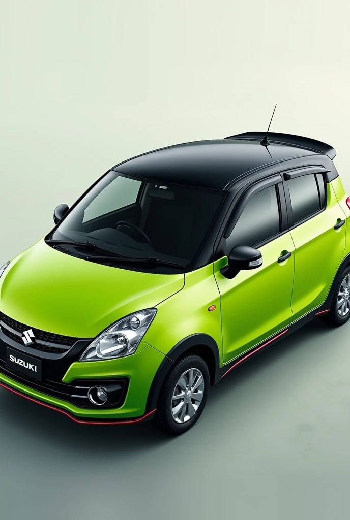 A car , company : Maruti Suzuki, model: Zen estilo, make: 2009, body lime green color , top roof black color. With rain guard and spoilers Create the image