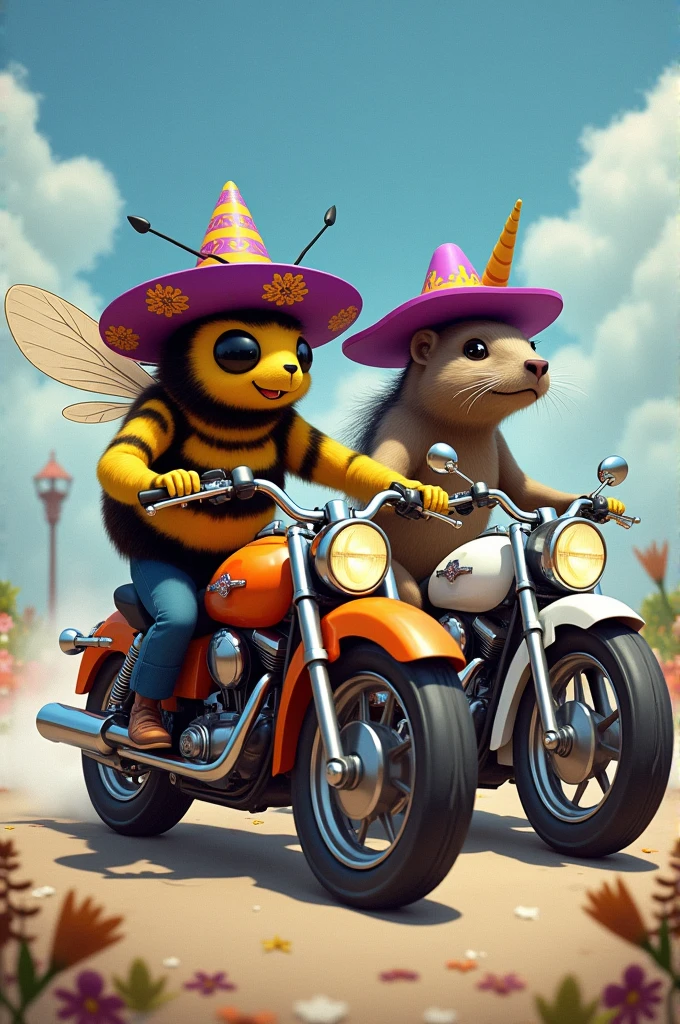 Un bourdon sur une moto orange en compagnie d'une marmotte portant un chapeau mexicain violet et d'une licorne multicolore sur une moto blanche 