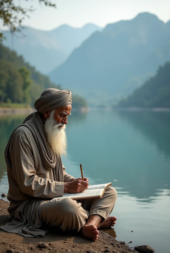 Old age sikh people writing book on lake shore hd print 

