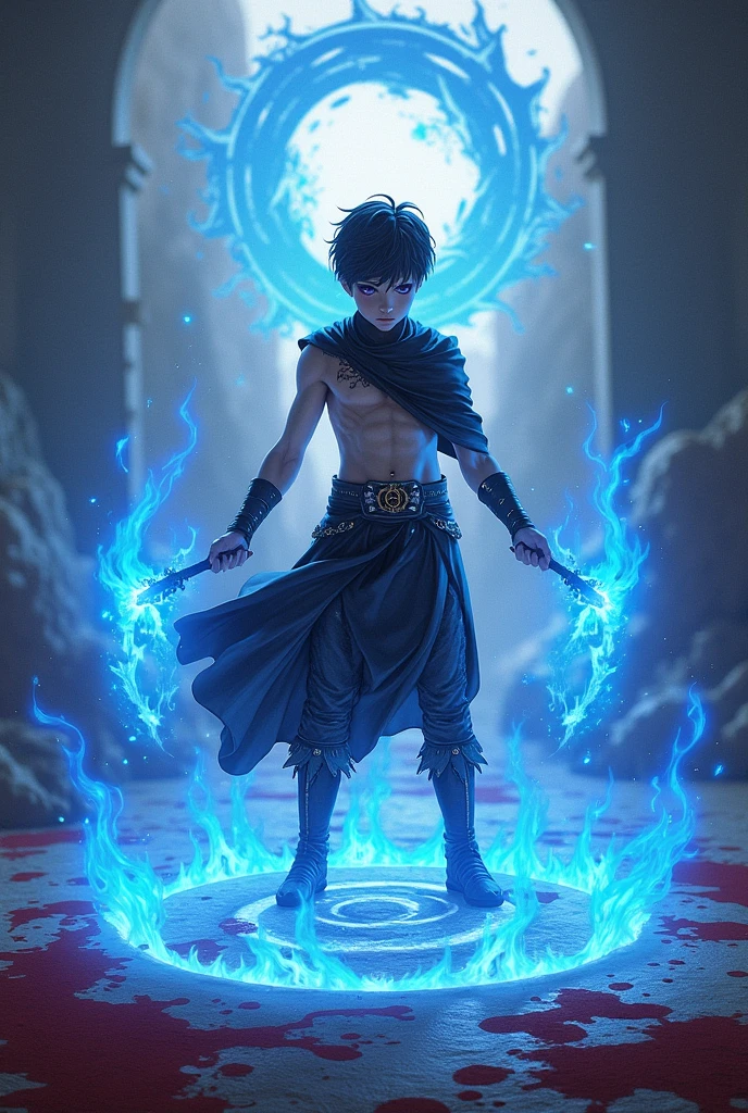 1 boy, Illyrian leather clothing, hypdertailed ,short black hair, purples eyes, magic circle, fire blue, Blue flames, wall-paper, paisaje, bloodstains, bloodstains splatter, Depth of field, natta, light particles, lightrays, side lighting, thicc thighs, Destiny \(Series\), impacto genshin, ****, open jacket, thicc thighs, nube