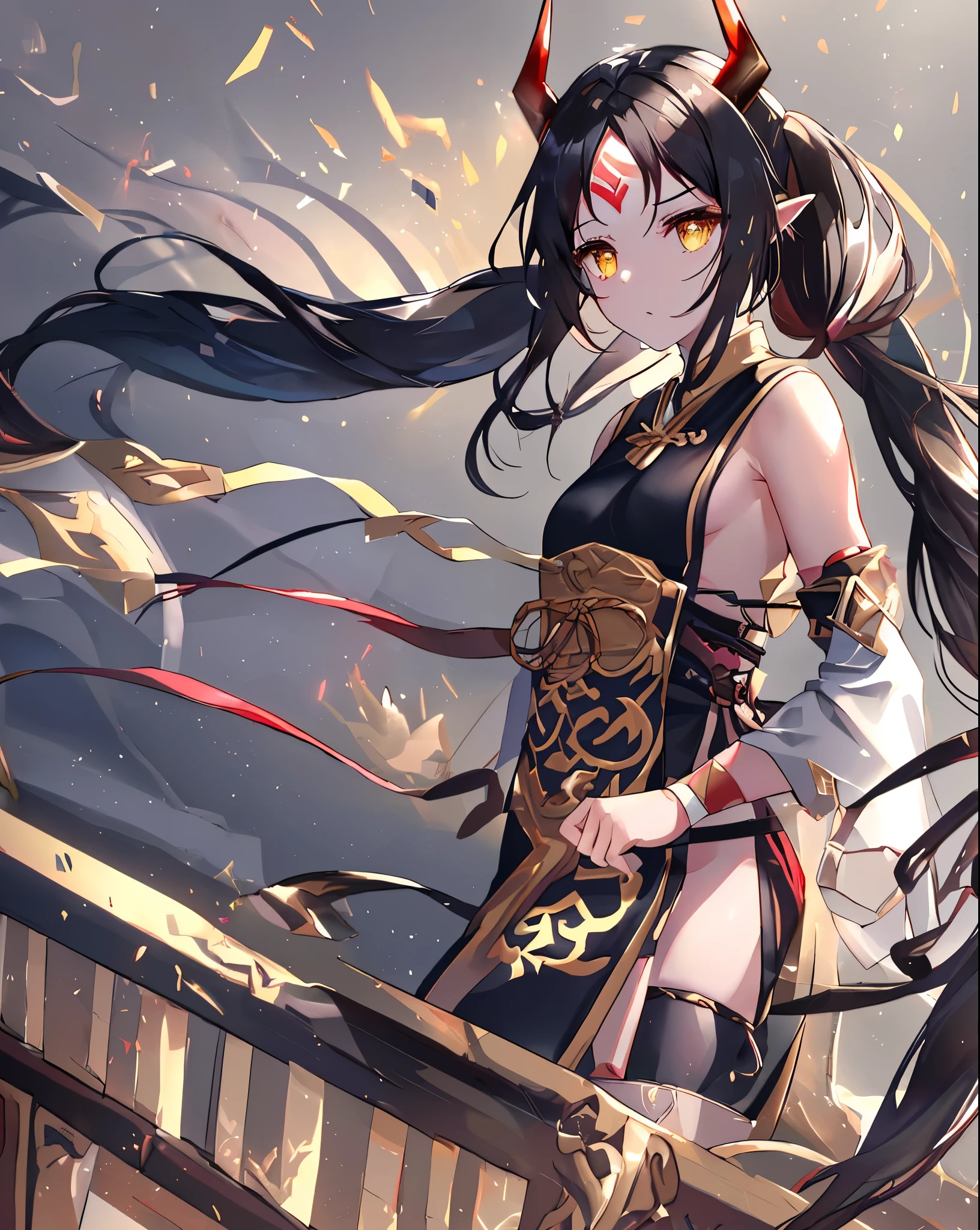 e7 ARavi, yellow eyes, red mark in forehead, black hair,  (low twintails coming from under the ears) with yellow ribbons, small breasts,  black small bull horns,  (long red chinese tabard), black sorts, nothing under the tabard, naked under tabard,
(masterpiece),  best quality, highres, 4k, 8k, Detailed Illustration, intricate detail, cinematic lighting, amazing quality, 1girl, fit female, amazing shading, soft lighting, facing camera, perfect eyes,