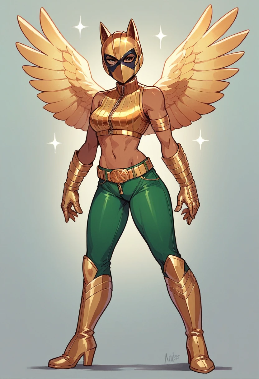 1girl, latina, wolf helmet, black cover-eye mask, gold bird-wings, gold crop top, zip-up, gold arm guards, gold gloves, gold belt, green leggings, high boots, marvel