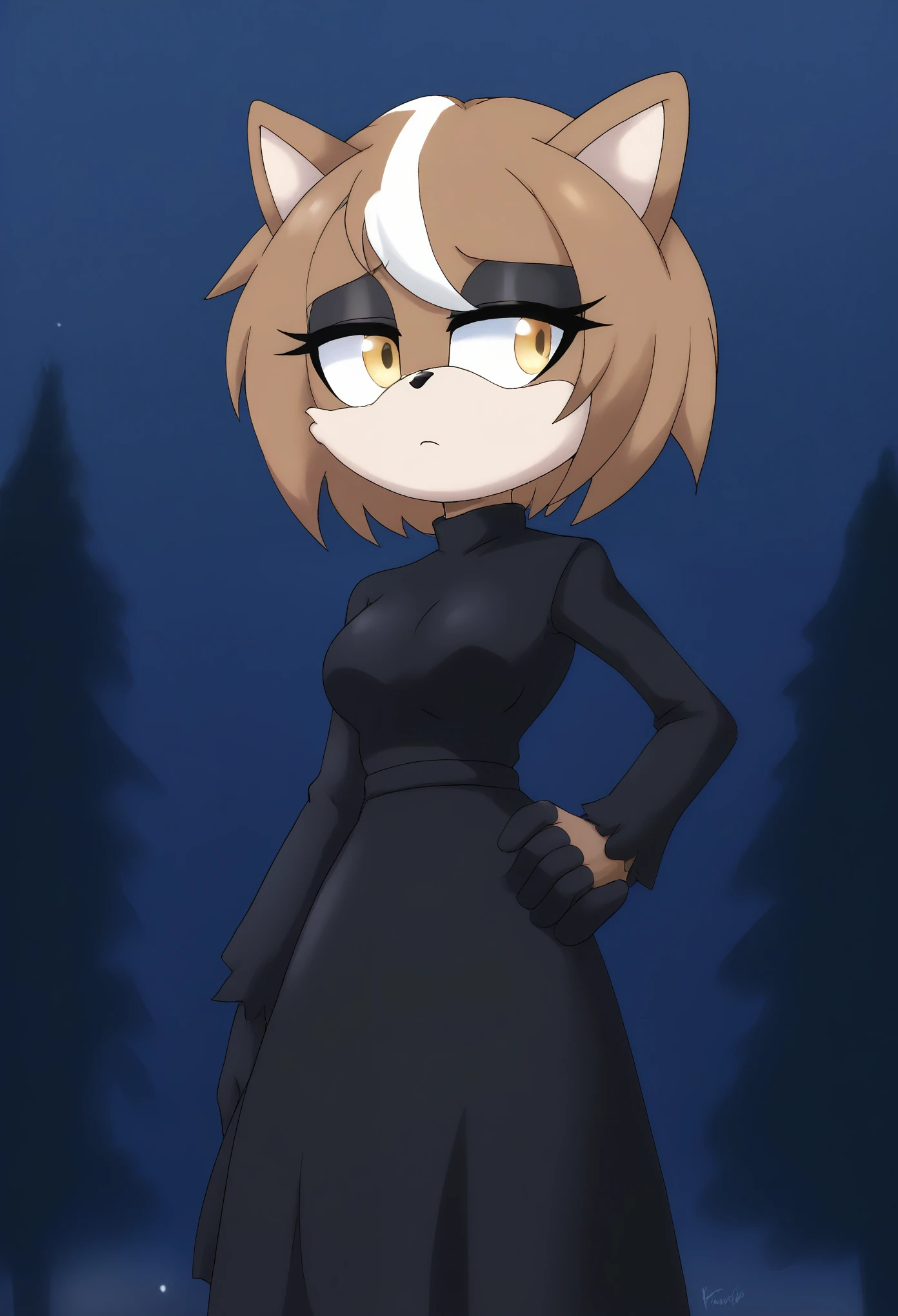 Female red wolf, (great detail), 1girl, solo, brownish burgundy fur, short hair, medium hair, white highlights in hair, fringe-trim styled bangs, amber colored eyes, black dress, high thigh-like dress, dark gray leggings, dusk/night, cloud, (1girl), (solo), outdoors, tree, tired, hand on hip, arm at side, looking to the side, medium breasts, upper body, fringe_trim, standing, eyelashes, mobian, Mobius city