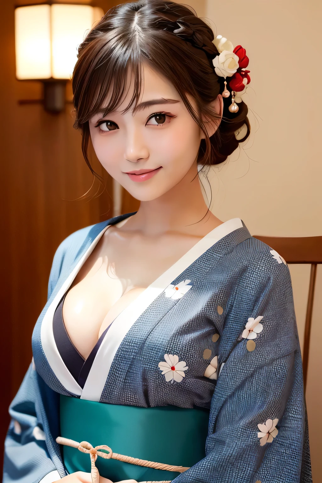 (highest quality:1.5)、(Real:1.5)、(1 person:1.5)、Medium Shot、(Very detailed)、(High resolution)、8k、Small breasts、Natural color lip、Cute smile、Japanese women、20 year old girl、Thin eyebrows、Beautiful and elegant face、Cute face、Cute eyes、Big eyes、Big Eyes、Fair skin、Beautiful and elegant face、Natural Bangs、Beautiful and thin nose、 Beautiful Skin、Medium Bob Hair、Natural Bangs、Perfect and beautiful facial features、Slim face and figure、(Looking at the camera with a cute expression)、(Bright lighting)、Professional Lighting、(Lighting from the front)、Adorable smile、cute、Beautiful cleavage、Simple Background、Japanese-style room、Beautiful clavicle、Graceful pose、Kimono with long-sleeved kimono、Cutekimono with long-sleeved kimono、(cutekimono)、(cutekimono)、Beautiful clavicle、Upper Body、Beautiful cleavage、Beautiful Japanese pattern kimono、Cute Japanese pattern obi、kimono、(Large Breasts:1.3), (Slim Body:1.3),