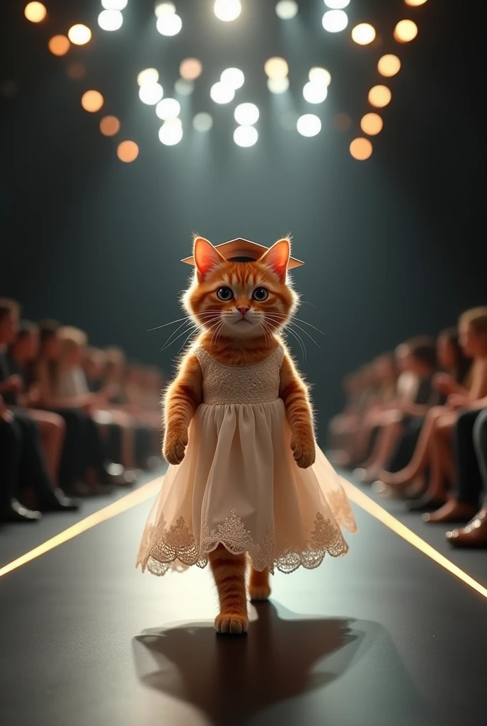 (photorealism:1.2), a cute ginger cat wearing graduation dress walking on the runway 