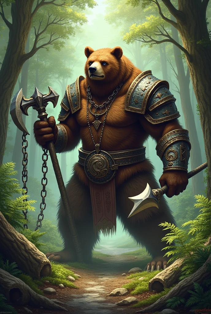 (Detailed) 1 bear, humanoid, in forest, heavy armour, morningstar, chain weapon