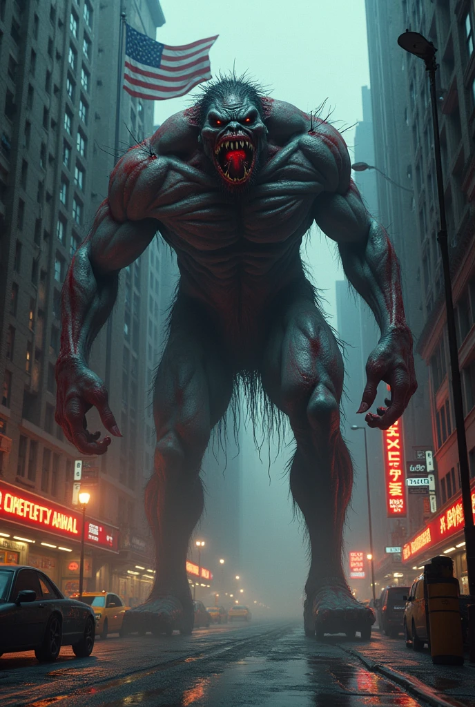 draw america if he was a scary monster. super realistic style. cinematic style. New York street background. American flag