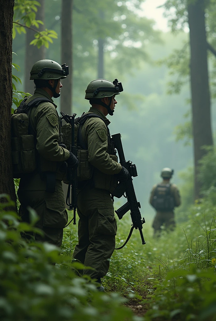 American 3 army going on mission to save 3 people in forest
green forest with tall grass army shocked and watching dana sore behind 3 people