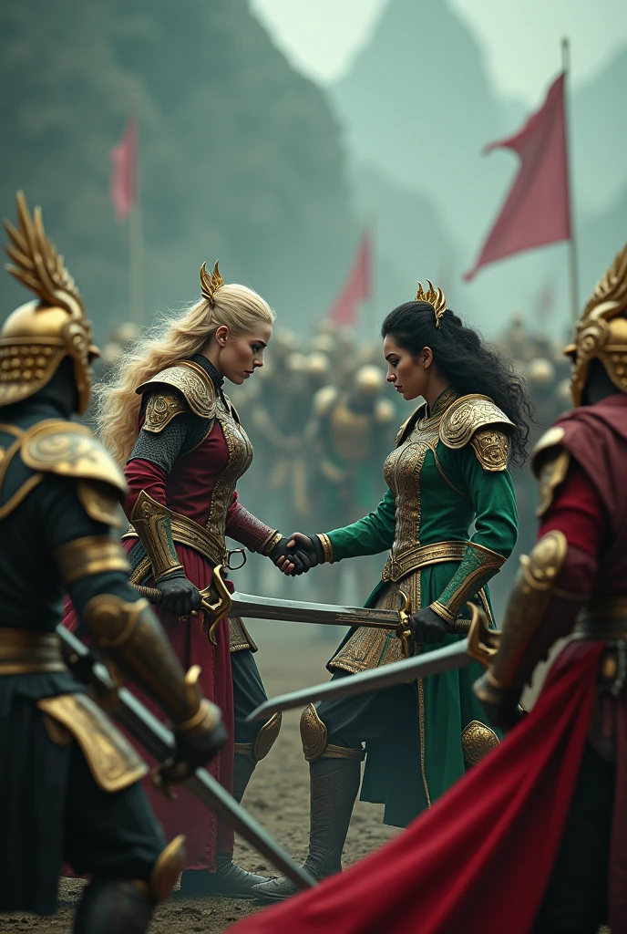 masterpiece,8k,ultra-detailed,best quality,battlefield,(background:the warriors are fighting,red warriors,green warriors,jumping,hack,slash),(middle ground:queens are fighting,blonde hair queen,Amber Heard,black hair queen,Park Bo-young,Fighting Pose),The lighting is dark and gloomy,exquisite golden armor,exquisite golden crown,exquisitely carved silver sword,exquisitely eagle helmet.