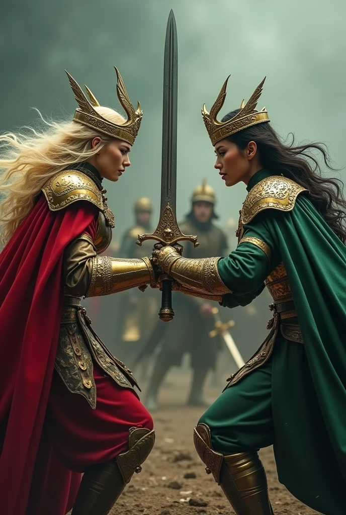 masterpiece,8k,ultra-detailed,best quality,battlefield,(background:the warriors are fighting,red warriors,green warriors,jumping,hack,slash),(middle ground:queens are fighting,blonde hair queen,Amber Heard,black hair queen,Park Bo-young,Fighting Pose),The lighting is dark and gloomy,exquisite golden armor,exquisite golden crown,exquisitely carved silver sword,exquisitely eagle helmet.