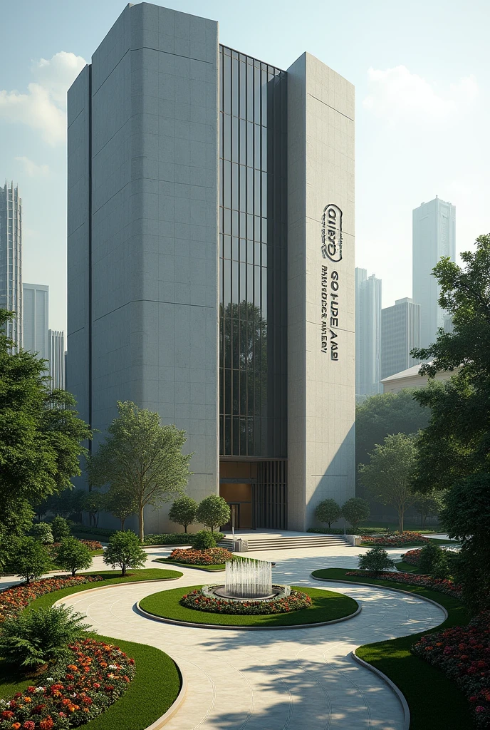 An image of a Corporate embassy  put the words Nexus Global Capital and Equity Holdings Embassy I want it to have the words Nexus Global Capital and Equity Holdings Embassy on a concrete.The building has its own compound that is extremely developed with grass, trees and flowers 
