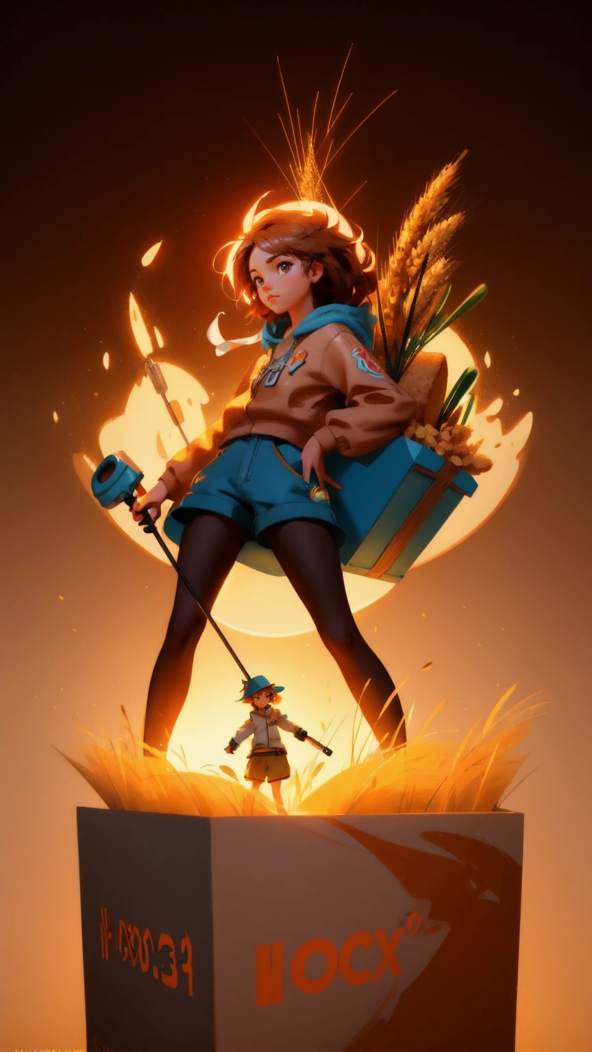 Create a 3D cartoon character of a beautiful, cute girl fishing in a hole with a giant box, set against a brown background. The image should be inspired by Chris LaBrooy, with the style of a ZBrush Central contest winner. Incorporate elements of street art and epic 3D illustrations, depicting a strong Pixar-style wheat bread warrior. The scene should resemble a promotional render for a movie, with advertising photo qualities. Additionally, include influences from cereal mascots, Cyril Rolando, and Goro Fujita, all with a focus on the brown background."