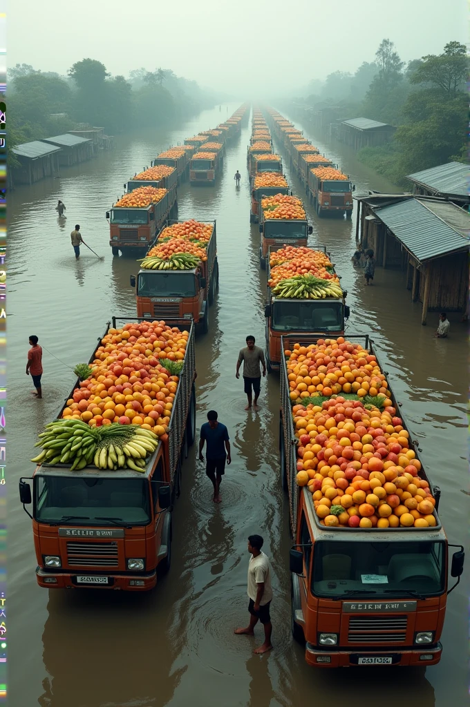 Many many trucks are loaded with fruits in flooded area of Bangladesh