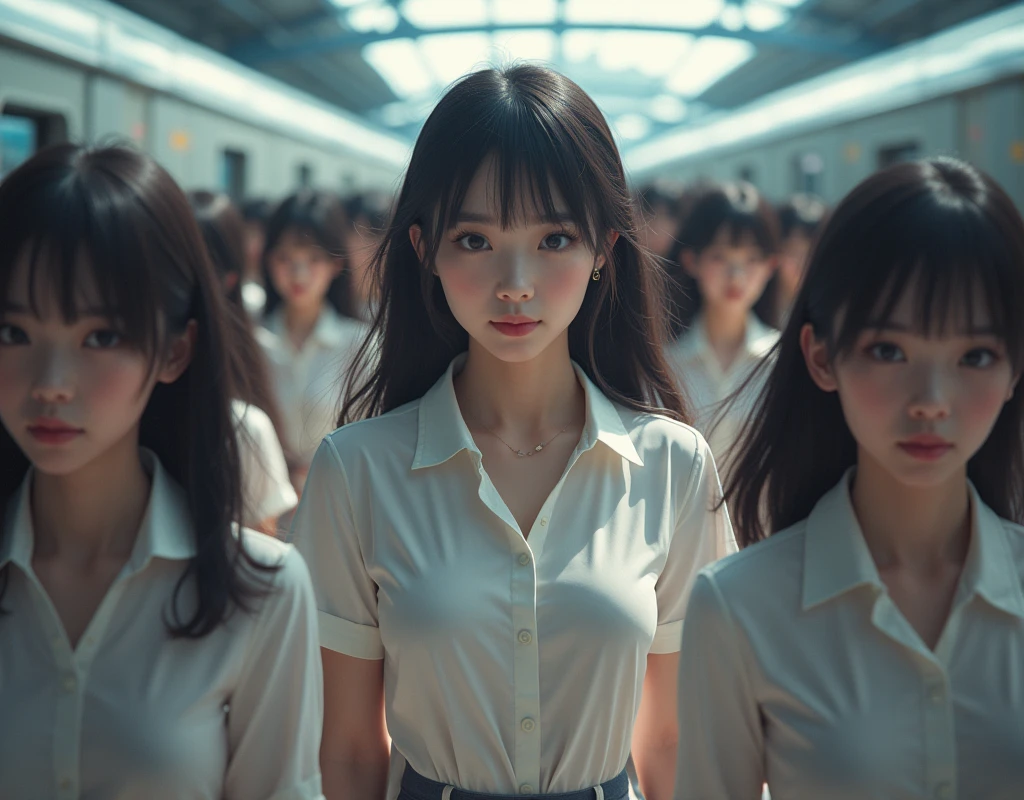 (((((Japanese Clone-girls=Myself))))), (((Super Best masterpiece Clone-girls Raw Photography Art))), (((16K, Highest quality, Ultra-high resolution, RAW Photos))), (((It&#39;s so unrealistic., With unparalleled depiction, With an unfathomable sight, An unprecedented and shocking worldview, Clone-girls: In a world of mass reproduction, Ultra-realistic))), (((Japanese Girls, Yokoyama-Yui, 18yo, Small face, Thick black hair, long hair, Dark Eyes, Mature face, Cute Smile, Smiling face, A gentle gaze, (((Very pleasant look)))))), (((Very beautiful detailed girls, Accurate body structure, Accurate body movements, Very detailed body, (((Super big breasts, Large bulge of ample breasts)))))), (((High school girl&#39;s summer uniform, Short sleeve, mini skirt, hour々I can see your pants, Cleavage Emphasis, Emphasise the fullness of your breasts))), ((((((((Very detailed, Myself cloning, Depiction of splitting oneself, 1Myself girl→1,000,000,000,000,000,000,000,000,000,000Myself cloning girls)))))))), (((((((Myself clone-girlsから, Myself keeps multiplying, (Very detailed and intricate, To the exact, Flawless, (((In the same female body,With the same face, With the same hairstyle, In the same clothes, At the same height, 同じSuper big breastsである))), In a detailed depiction), 1,000,000,000,000,000,000,000,000,000,000 people))))))), (((((Myself girls only))))), (((((1,000,000,000,000,000,000,000,000,000,000Myself girls))))), Myself waiting for a train on the platform at a station in Japan, Where the wind blows, A super crowded scene, Clear and accurate perspective depiction, Ultra-wide field of view, wide view, Focus on the average value of the image, View from the train side, Depicting Myself in Motion