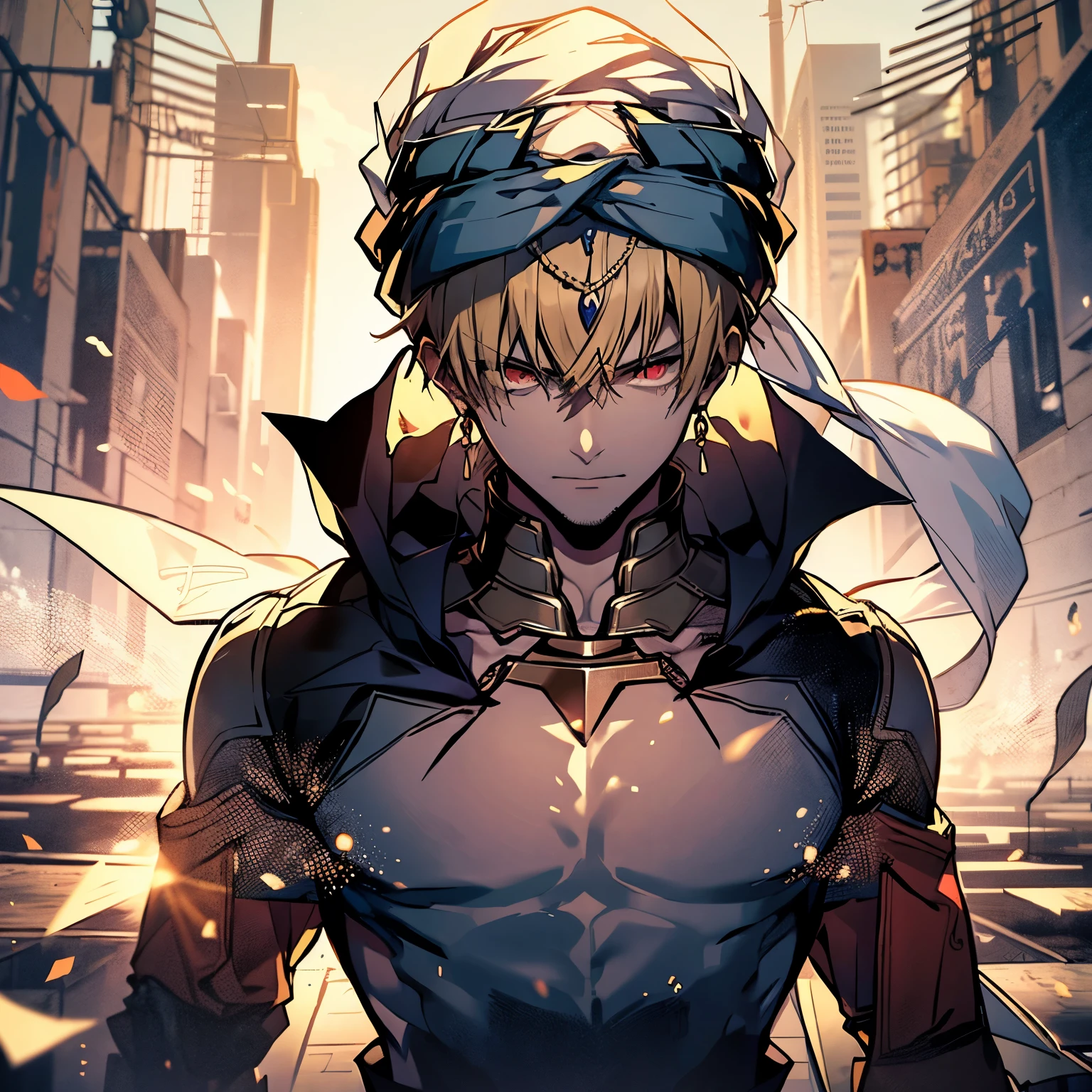 8K, Mouthpiece, ((One Beautiful Man)),((Fate Stay Night Drawing)), Gilgamesh Male Solo, emperor, whole body, Fighting on a desolate hilltop, Visibility is poor due to dust, ((One Beautiful Man)), ((Red eyes)), Long Hair, Blonde, Wrap a turban on your head, (Background: Countless swords floating in the air, all facing the same direction, Many types of swords), 