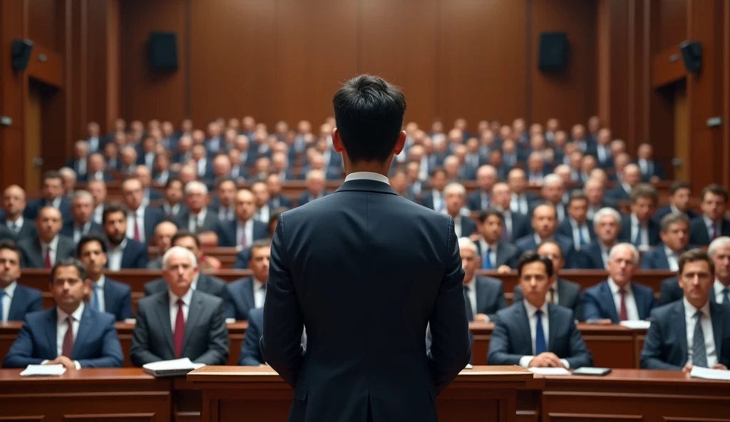 A young Asian man in a suit is speaking to politicians from various countries sitting in their seats in a huge lecture hall.，Politicians from all over the world are looking at men，No flags appear，