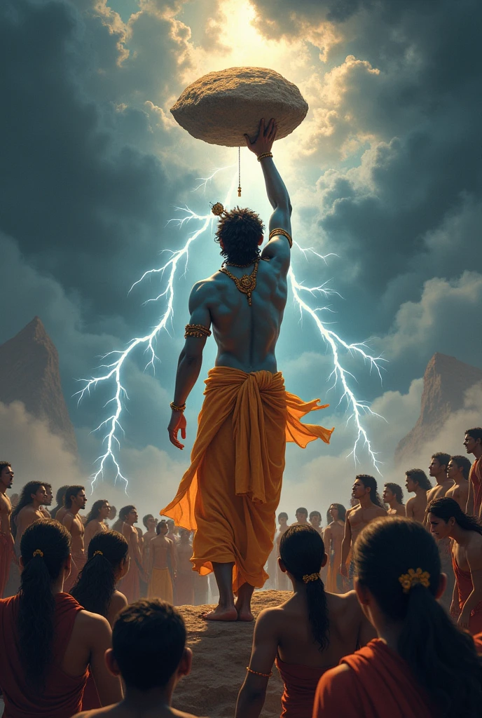 Govardhan Parvat Uthana (Lifting of Govardhan Hill): Krishna lifting the Govardhan Hill with his little finger, held high above his head. The villagers are sheltered under the hill, looking up in awe, while the skies show dark clouds and lightning as Indra’s anger is quelled.