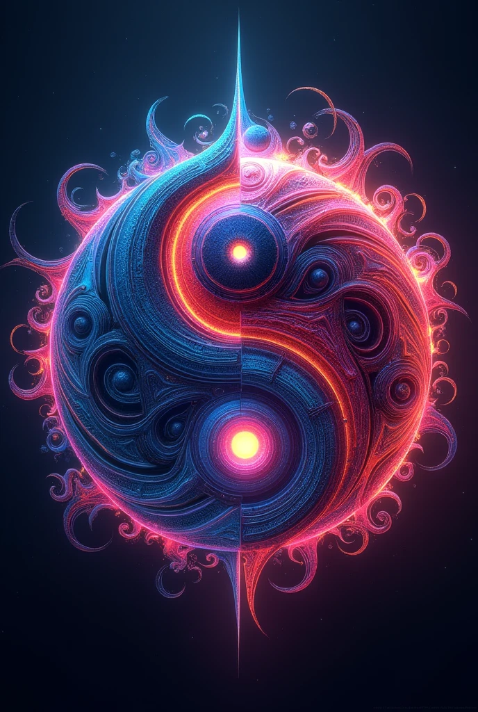 a beautiful detailed yin and yang symbol, intricate and complex design, abstract geometric shapes, asymmetric composition, vibrant colors, neon glowing effect, dynamic energy, hypnotic and mesmerizing, high contrast, photorealistic, 8k, best quality, masterpiece
