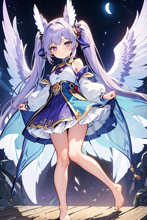 (masterpiece,best quality,ultra-detailed), an anime girl who is, calm angel. She has lavender long hair with straight bangs and high ponytails, periwinkle eyes, eurasian eagle-owl ears and wings, wearing magic girl regalia, barefoot, ankle straps, standing in a calm pose, looking at viewer