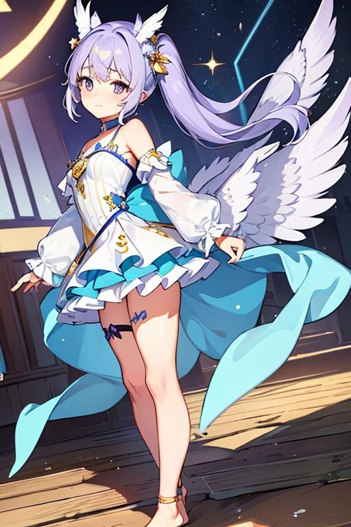 (masterpiece,best quality,ultra-detailed), an anime girl who is, calm angel. She has lavender long hair with straight bangs and high ponytails, periwinkle eyes, eurasian eagle-owl ears and wings, wearing magic girl regalia, barefoot, ankle straps, standing in a calm pose, looking at viewer