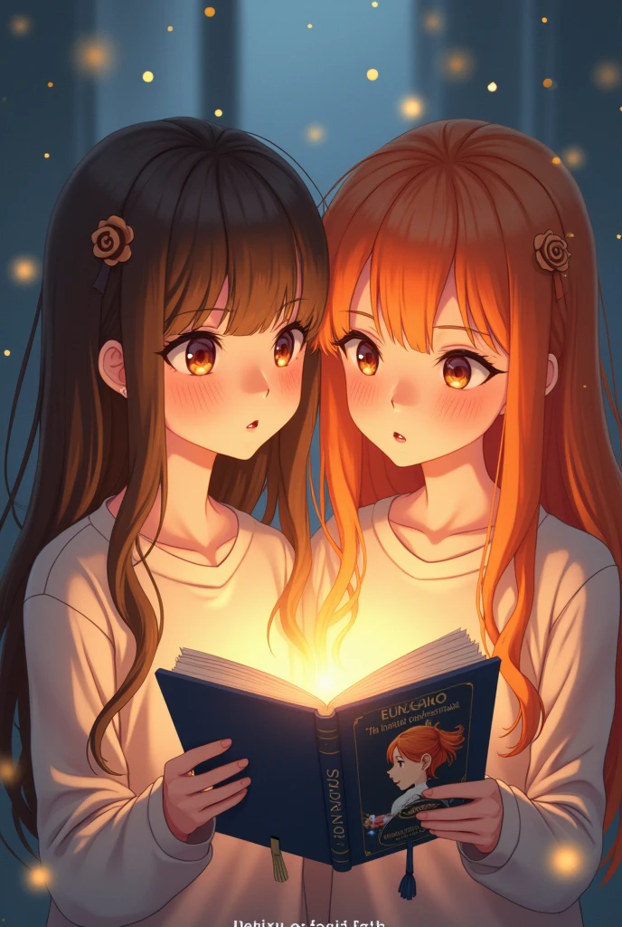 Two anime style softy friends looking at each other one of the girls has long brown hair and the other girl has long orange hair, They are reading a book with their eyes open. The book is white and has on its cover the profile of a girl with orange hair and above the girls reading from the book a light comes out. The phrase "The Days of April" in Spanish is on it.