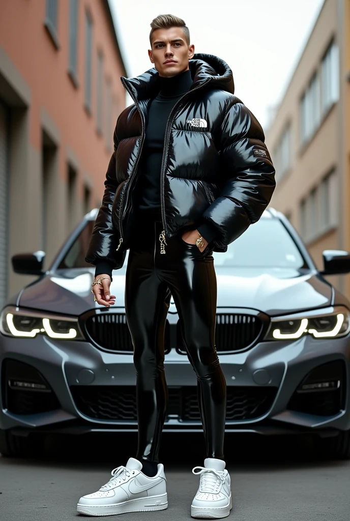 full view full body, white guy with light-brown undercut clean shaved haircut, golden rings, wearing full length shiny skintight rubber grass with a black North Face puffer jacket blistered with air and white Nike Air Force one, waiting standing beside bmw car