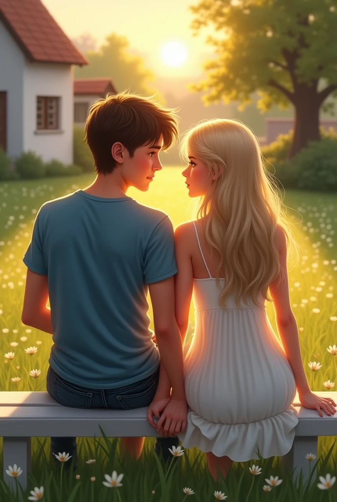 A realistic picture of A handsome young man of twenty sits on a white bench, his fair complexion complemented by his dark brown hair and brown eyes. He wears a simple blue t-shirt and denim jeans, exuding a casual charm. Beside him, a young woman of the same age, with fair skin and long, straight blond hair, dons a white sleeveless dress that flutters slightly in the evening breeze. They hold hands, their fingers intertwined, as they share a serene moment together. The village setting around them is bathed in the warm, golden light of the setting sun, casting a gentle glow over the lush green grass that surrounds the bench.