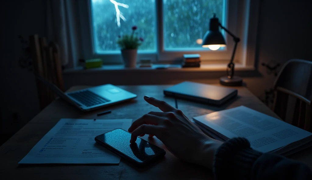 A photo of a mobile phone and a beautiful hand on a dark table, including a table, a study lamp, a laptop and books kept on a table. A window in the room is illuminated by a lightning strike, revealing raindrops hitting the glass. The overall atmosphere of the photo is eerie and mysterious. top view
