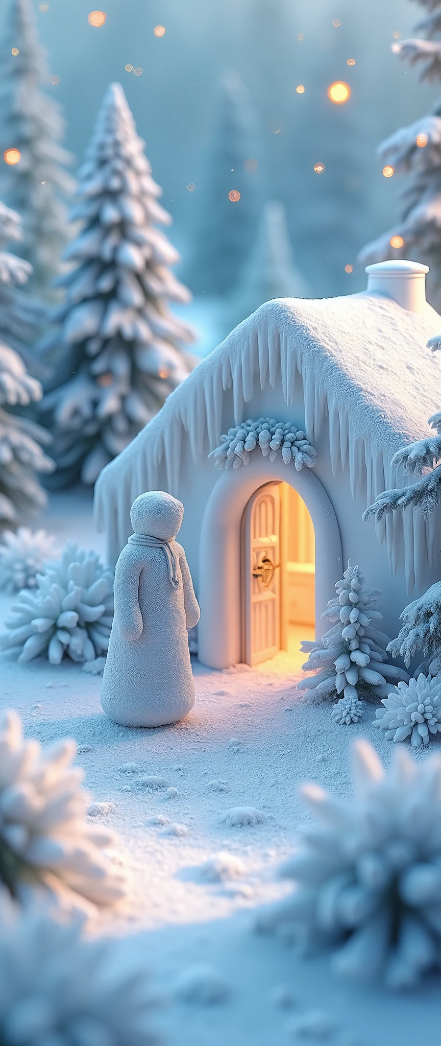 (masterpiece:1.2,Exceptional Quality,mirror-like,Cinematic Experience,Photorealistic,RAW Photos,Super detailed),8k,wallpaper,,(Diamond dust:2.0),(Made of ice:2.0),Cute ice house,(Snow glow:2.0),Artistic,Light of the sun,Isometric 3D diorama,A cute human made of snow