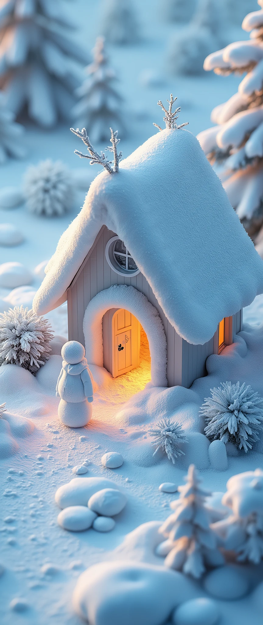 (masterpiece:1.2,Exceptional Quality,mirror-like,Cinematic Experience,Photorealistic,RAW Photos,Super detailed),8k,wallpaper,,(Diamond dust:2.0),(Made of ice:2.0),Cute ice house,(Snow glow:2.0),Artistic,Light of the sun,Isometric 3D diorama,A cute human made of snow