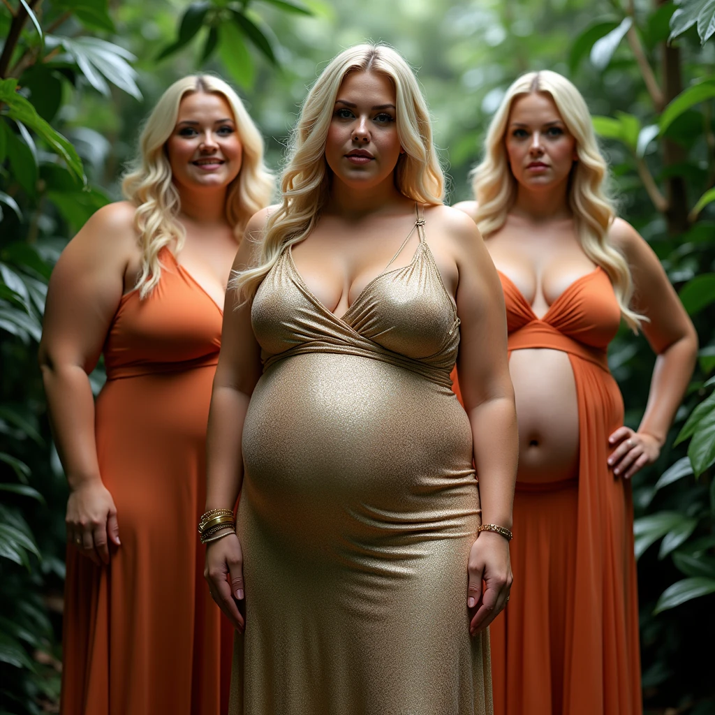 Three plus size model women have a lot of fat on their stomach and buttocks and weigh 150kg, they gained weight because of overeating, they are blonde haired obese women with very big stomach and buttocks, they are plus size models and their whole body is covered with a lot of fat, they are doing a photoshoot in the jungle wearing gorgeous dresses for the promotion of a high-end clothing brand, 4K quality