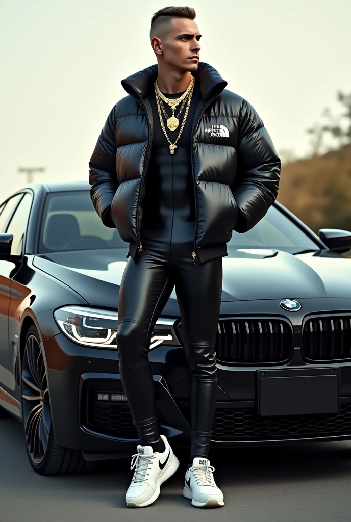 full view full body, white guy with light-brown undercut clean shaved haircut, golden rings, necklaces, wearing full length shiny skintight rubber grass with a black North Face puffer jacket blistered with air and white Nike TN trainers, waiting standing beside bmw car 