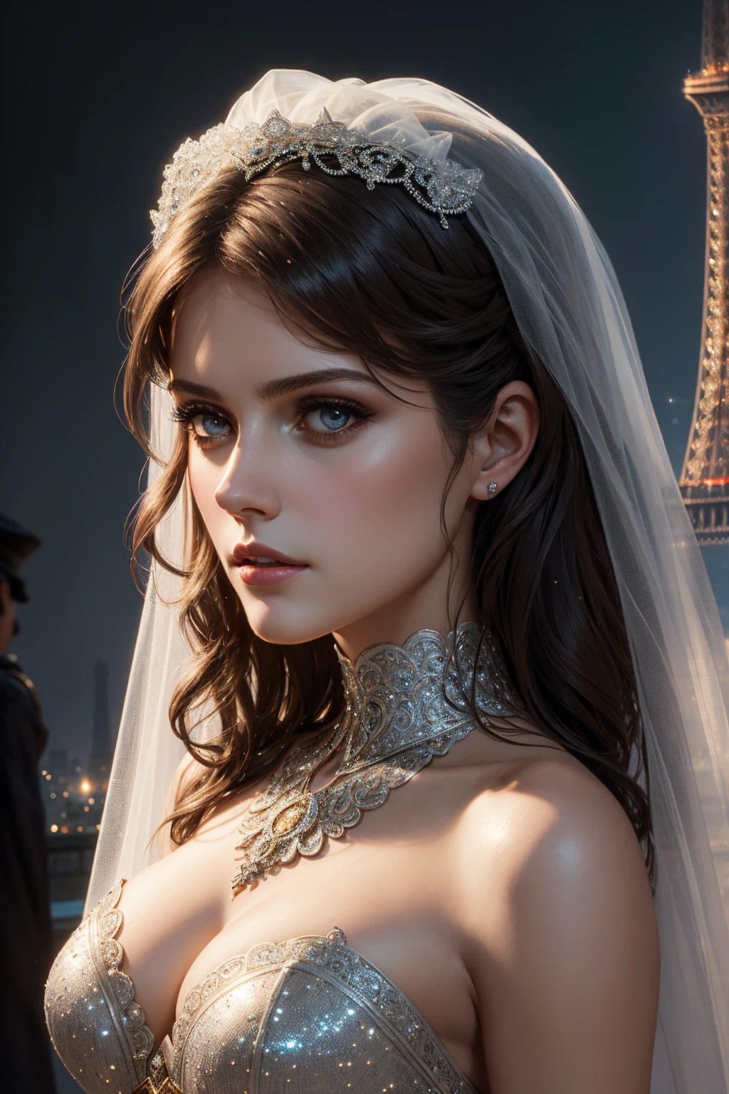 portrait Alexandra Daddario, wearing sexy veil bride silver lingerie, against the background of the Eiffel Tower, 9 9 9 9 s, curly hair, intricate, elegant, highly detailed, digital painting, artstation, concept art, smooth, sharp focus, illustration, art by thomas kindkade, charlie bowater, artgerm, greg rutkowski, alphonse mucha and alexandra fomina, 36k, glittering, shining