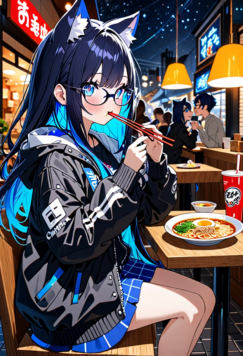 8K Ultra High-Quality, ultra-detailed, High quality, Dark Blue hair, Neon Blue Inner layer hair, Long hair, Cat ears, jacket, sparkle eyes, glasses, full body, restaurant, eating ramen
