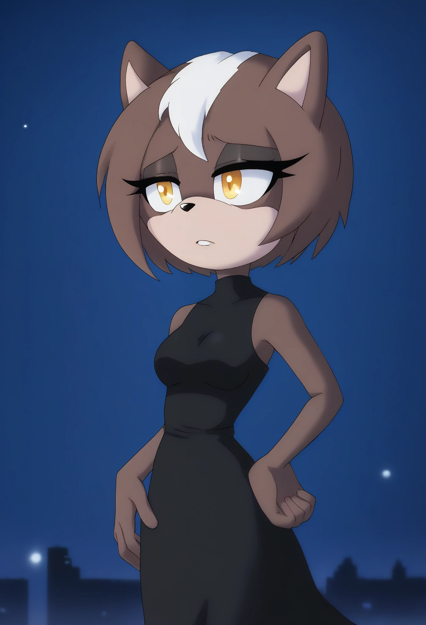 Female red wolf, (great detail), 1girl, solo, brownish burgundy fur, short hair, medium hair, white highlights in hair, fringe-trim styled bangs, amber colored eyes, black dress, high thigh-like dress, dark gray leggings, dusk/night, cloud, (1girl), (solo), outdoors, tree, tired, hand on hip, arm at side, looking to the side, medium breasts, upper body, fringe_trim, standing, eyelashes, mobian, Mobius city