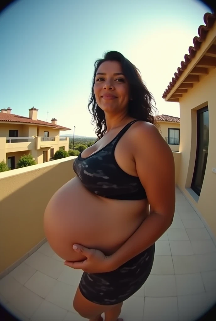 Your POV view of a plus size Latina Argentinian stepmom wearing gym clothes who is heavily pregnant on the terrace of her house while showing her armpits. fisheye camera view, iphone camera style. HD, realface, cinematic