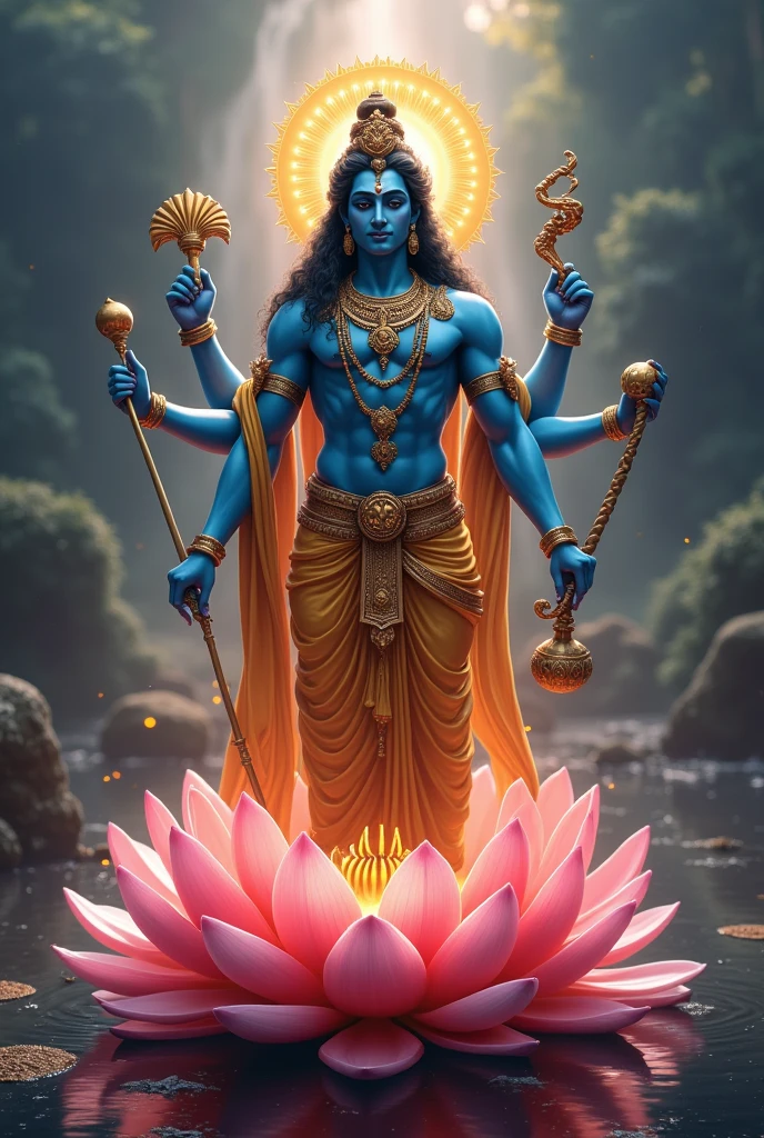 (((Hindu God))) best quality, ultra-high resolution, 4K detailed CG, masterpiece, Vishnu, blue, Indian, four arms, Hindu mythology, standing on lotus flower, ((standing on lotus flower) lotus) ) Hindu image, aesthetic, beautiful, centered on the screen