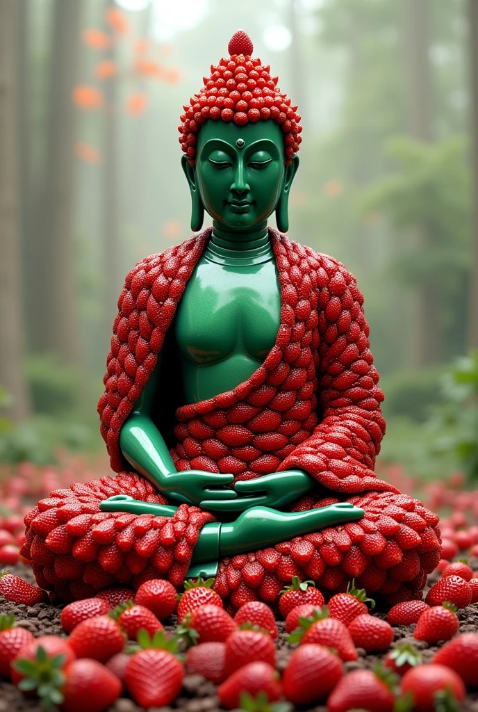 A Buddha image whose robe and head are made of many strawberries. The skin is made of emeralds.