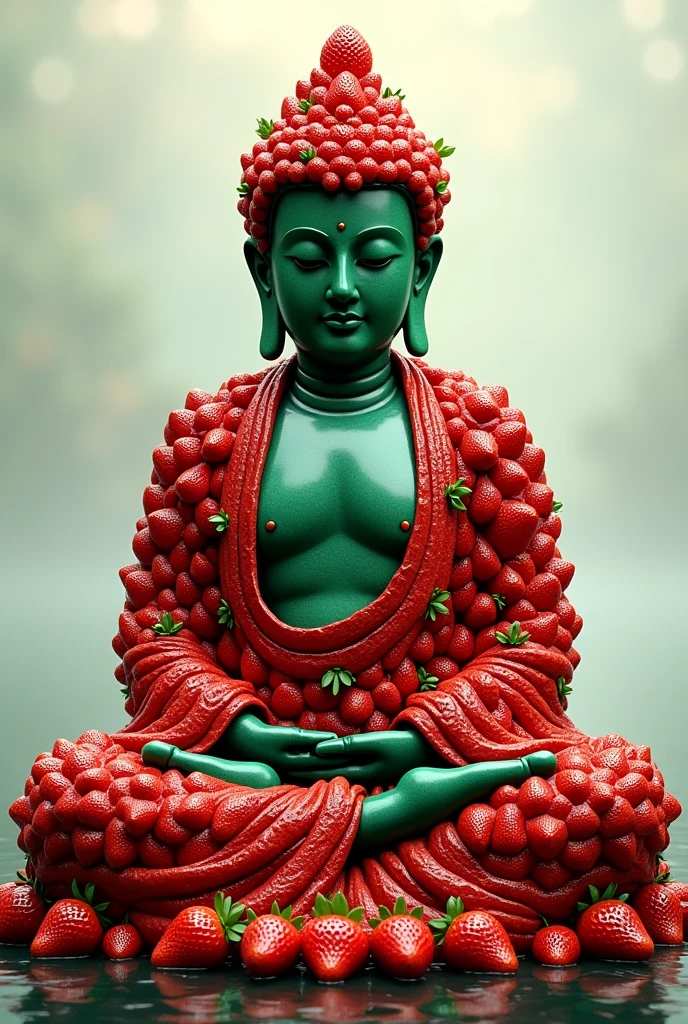 A Buddha image whose robe and head are made of many strawberries. The skin is made of emeralds.