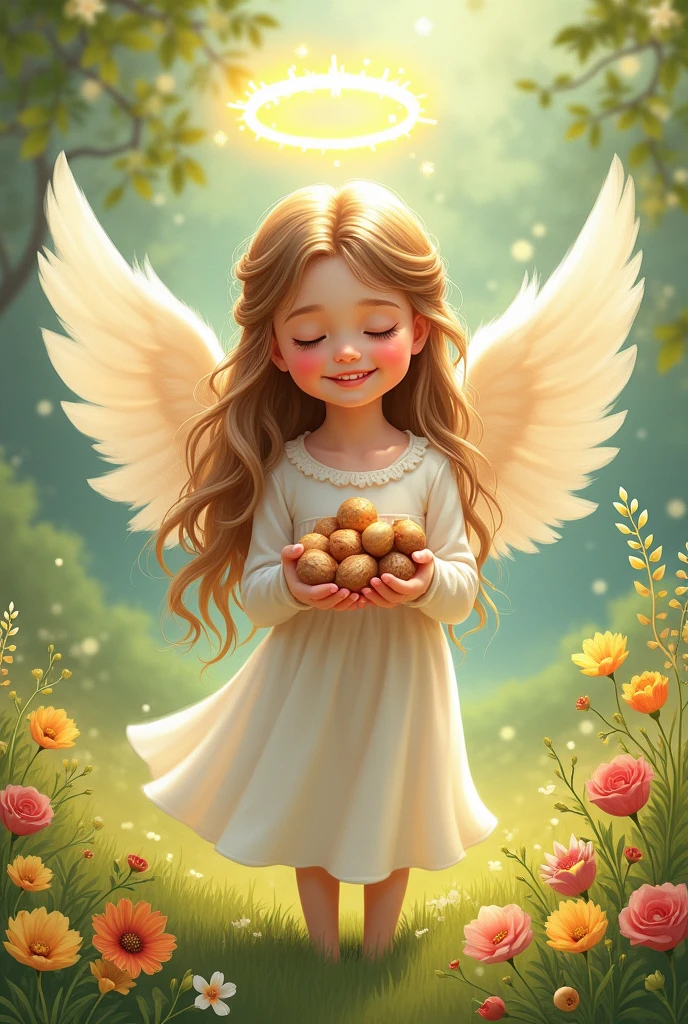 Drawn angel, girl - sticker, holds nuts, nimbus, long hair, grass, flowers , joy holiday. Words in beautiful font:, word "limit" in Cyrillic 