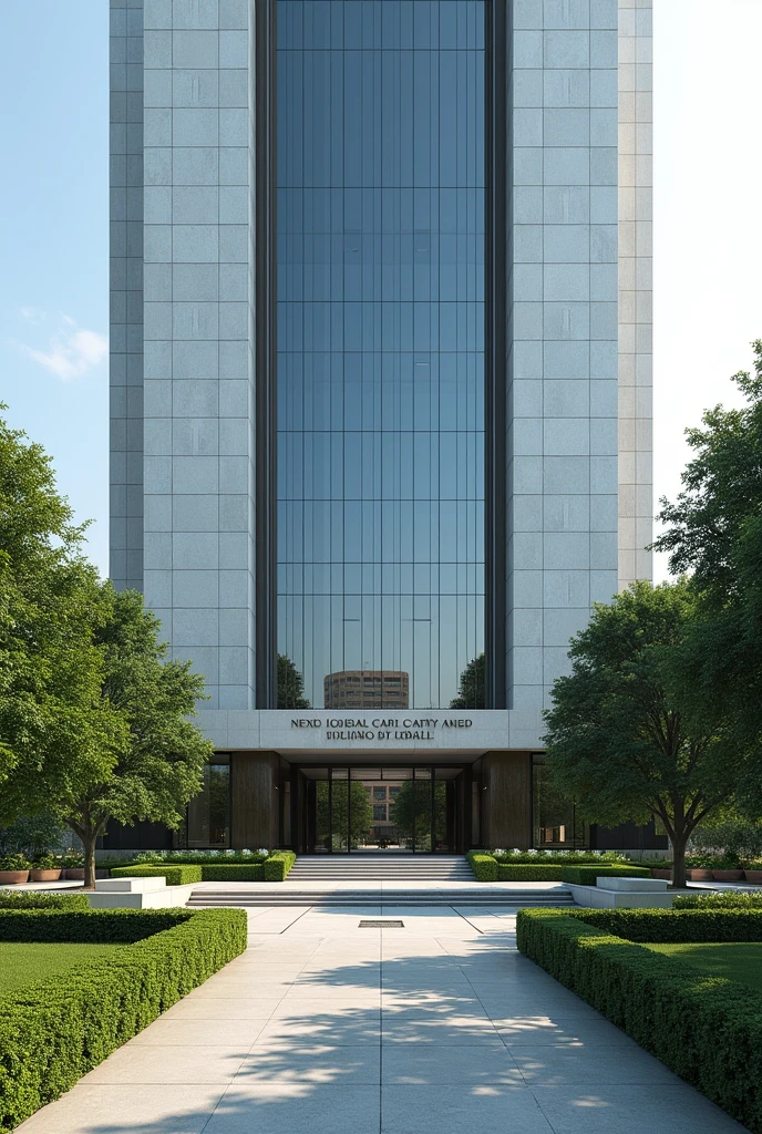 An image of a Corporate embassy  put the words Nexus Global Capital and Equity Holdings Embassy I want it to have the words Nexus Global Capital and Equity Holdings Embassy on a concrete.The building has its own compound that is extremely developed with grass, trees and flowers expose the words Nexus Holdings Embassy 