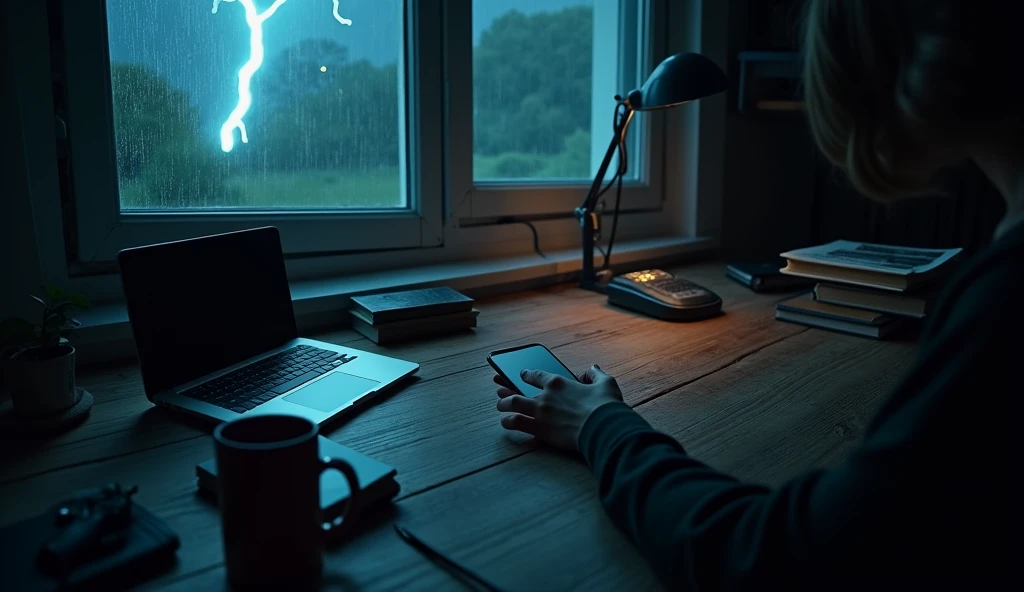 A photo of a mobile phone and a beautiful hand on a dark table, including a table, a study lamp, a laptop and books kept on a table. A window in the room is illuminated by a lightning strike, revealing raindrops hitting the glass. The overall atmosphere of the photo is eerie and mysterious. top view