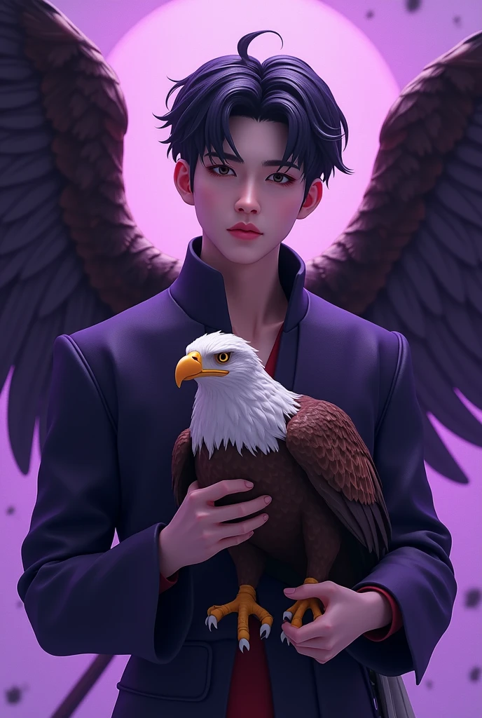 Digital manhwa 3d of (lee heeseung) with a (Flat face, thick eyebrows, and enticing lips), holding an eagle with an epic purple background