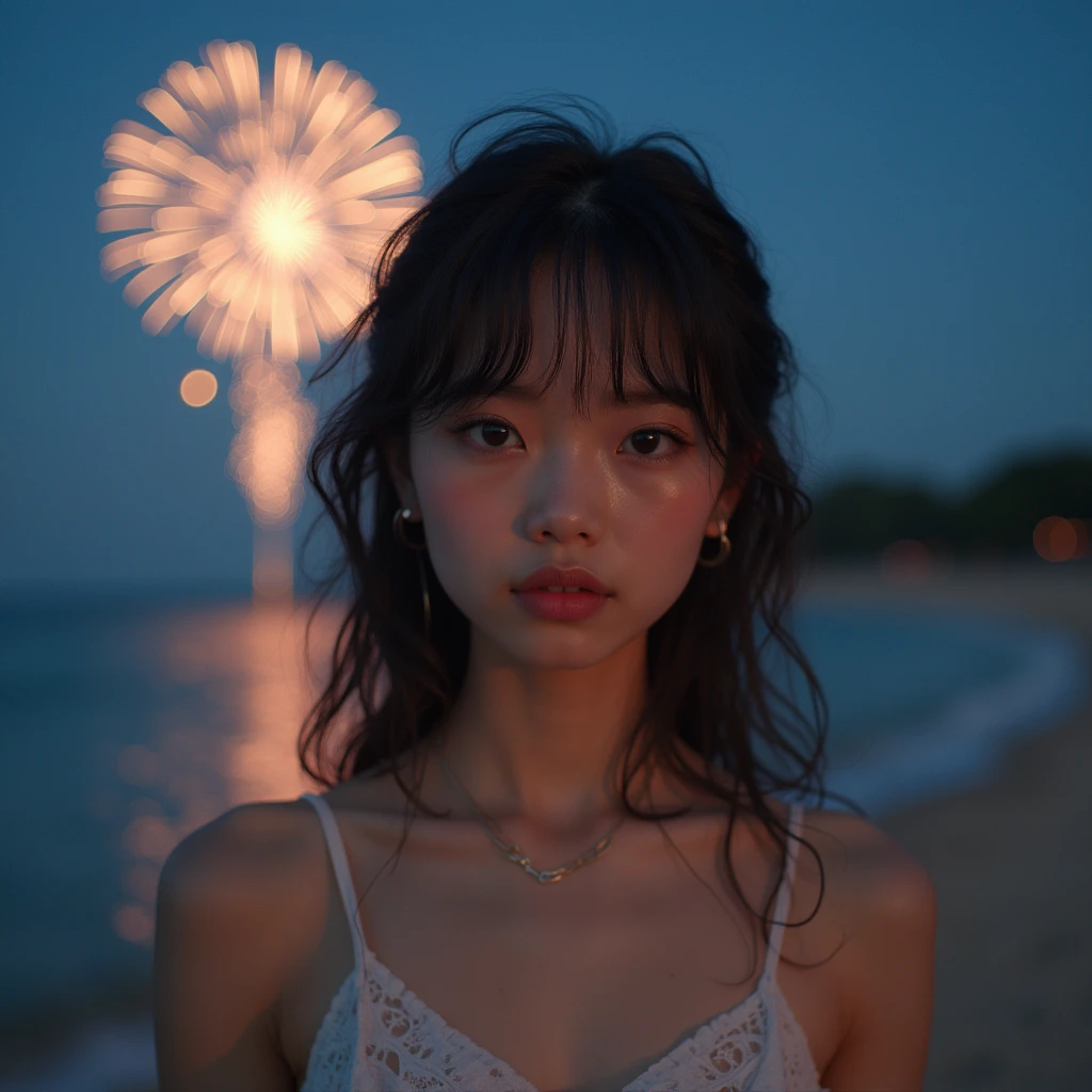一卵性双生児姉younger sister、Japanese，1，younger sister，Randomly generated people with diverse facial features and hairstyles々，Perfect Anatomy,Ocean，Beach，firework，Night Sky，Launch firework， Ocean，Kind woman，photo shoot，magazine photograph